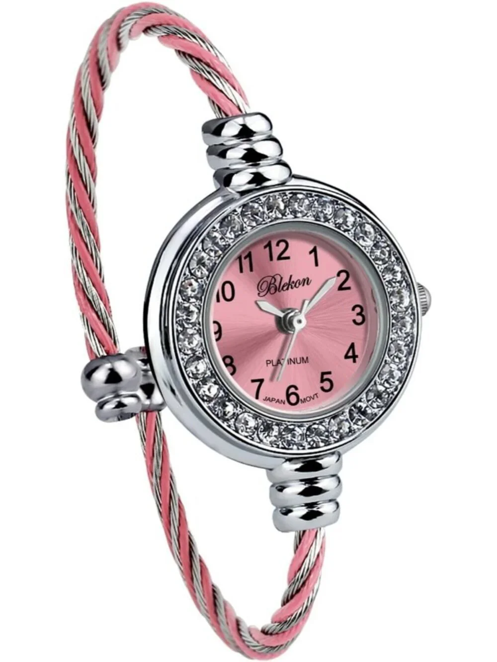 Women Silver And Pink Analog Cable Cuff Arabic Numbers Rhinestone Bracelet Watch